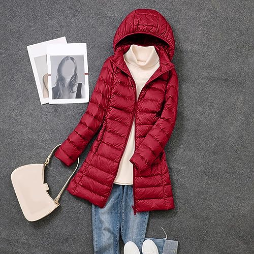 Jaqueta longa feminina acolchoada com capuz e zíper leve embalável, Z006 Vermelho, M
