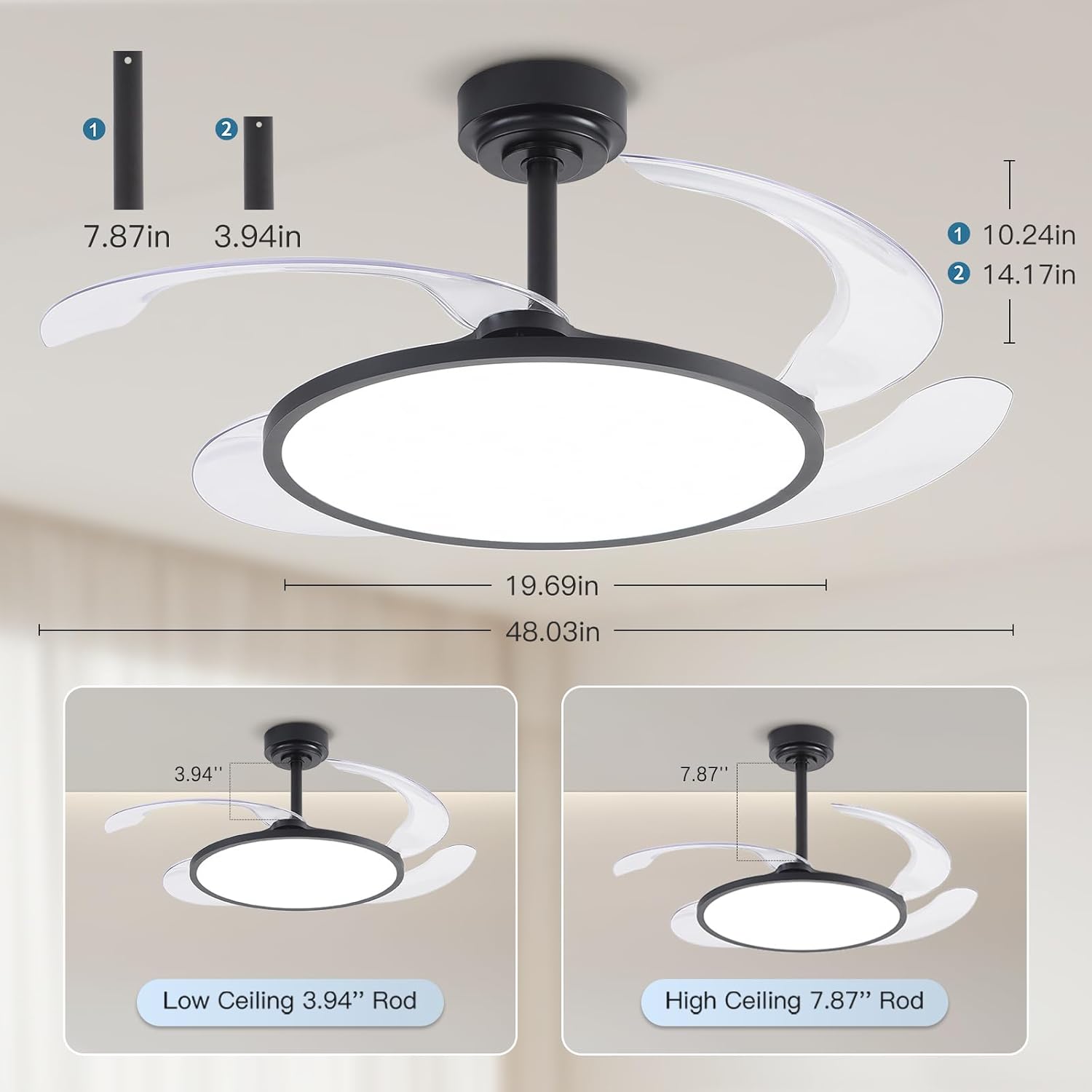 AHAWILL 48'' Retractable Ceiling Fan with Remote Control,Bladeless Ceiling Fan with LED Lights,Stepless Full Spectrum,Memory,Modern Silent Chandelier for Bedroom Dining Room Living Room,Black