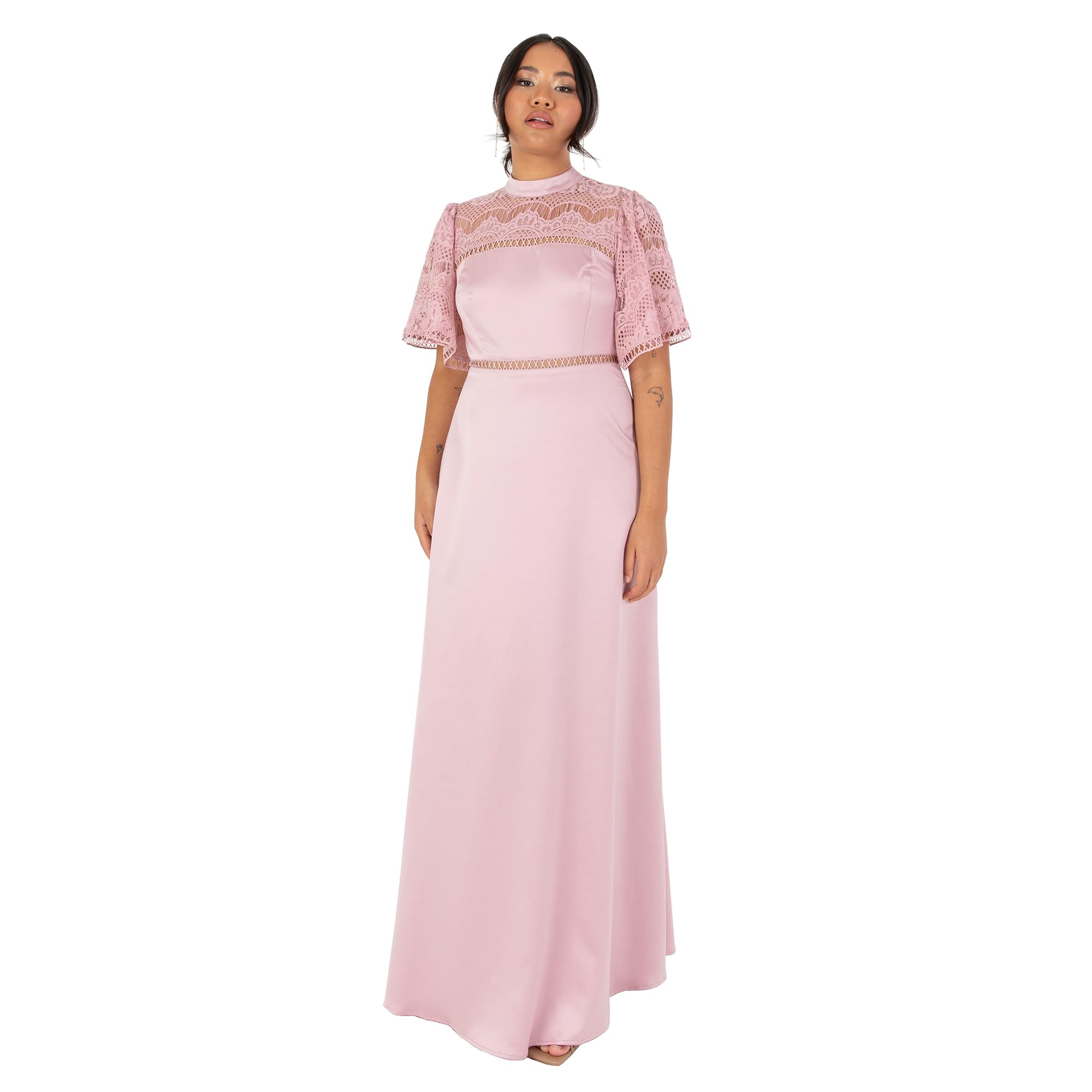Maya Deluxe Women's Ladies Maxi Dress Flutter Sleeve Round Neck Lace Trim Satin for Wedding Guest Evening Occasion Prom Ball Gown Vestido, Blush Pink, 46 para Mujer
