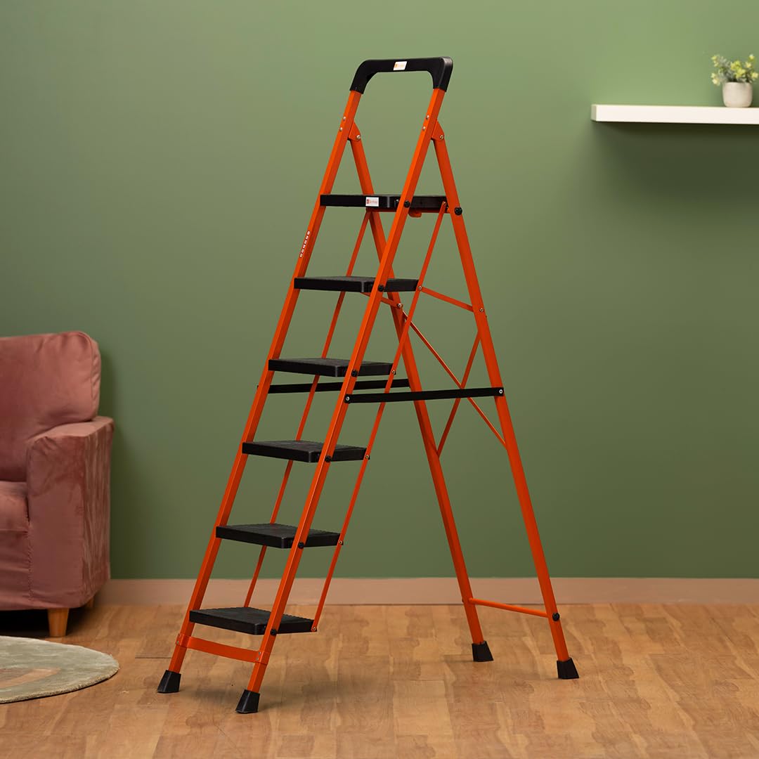 Premium Steel Multipurpose Climb Easy Anti-Slip 6-Step Foldable Ladder with Safety Clutch Lock, Support Handle and Tool Tray for Home - (Orange & Black)