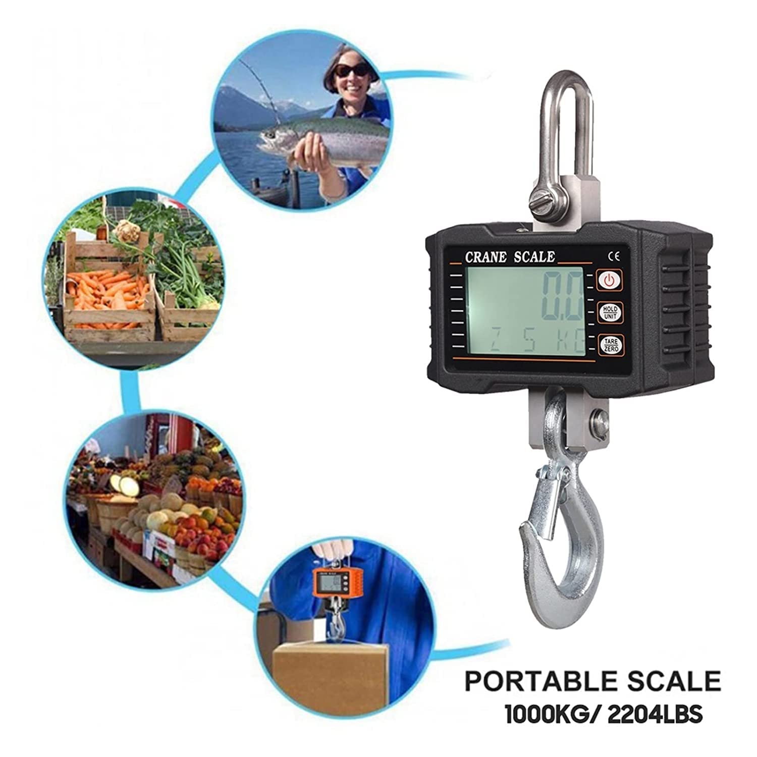 Báscula de grúa Digital Báscula Colgante Digital 1000 kg/ 2204 lbs Báscula de grúa portátil de Servicio Pesado Retroiluminación LCD Básculas de Gancho industriales Cambio de Unidad/