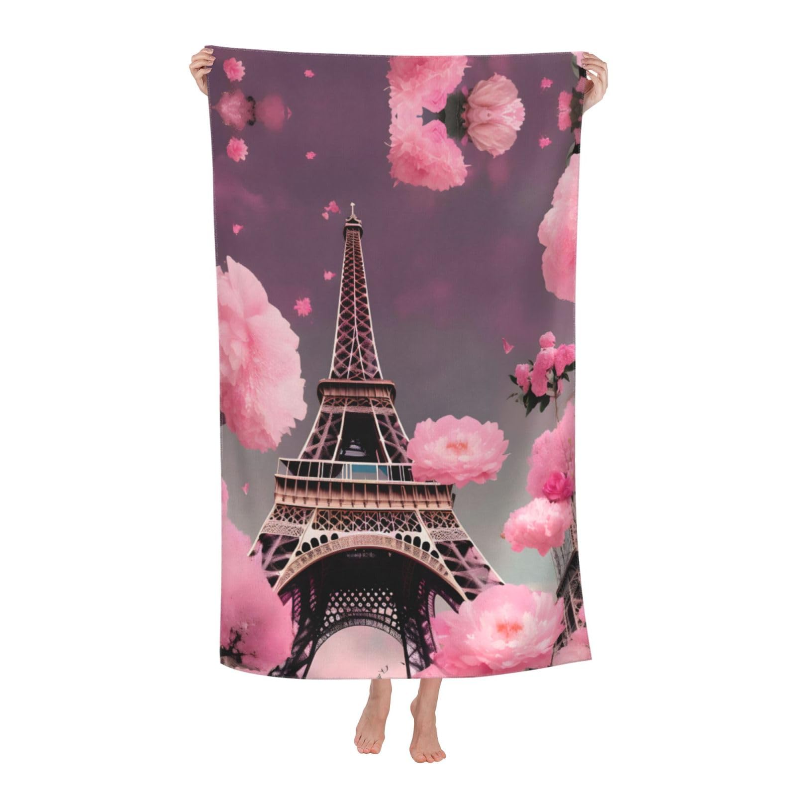 NImongt Paris Street Eiffel Tower Pink Floral Print Oversized Adult Beach Towel For Travel Weekend Getaways Festivals Camping Trips