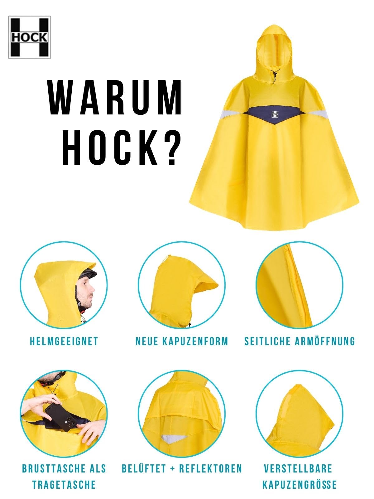 HOCK Premium Fahrrad Regenponcho 'Super Praktiko' mit Lüftung und seitlicher Armöffnung - 100,0% Wasserdichter Fahrradponcho für Herren & Damen