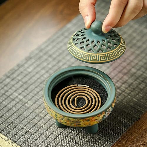 Miniatura 5 de Willcome Soporte para quemador de incienso esmaltado de cerámica con tapa, quemador de incienso para conos, palos, bobinas de incienso, para