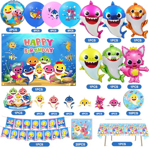 Déco anniversaire shark de 84 pcs avec ballons en aluminium et bannière