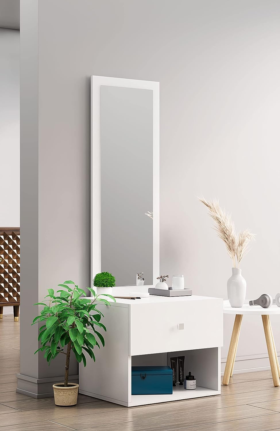Bniture Engineered Wood Dressing Table Mirror with 1-Drawer & Storage Shelf for Bedroom | Vanity Mirror with Shelf (49D x 60W x 170H CM) | 1 Year Warranty (D.I.Y) (Frosty White)-image-13