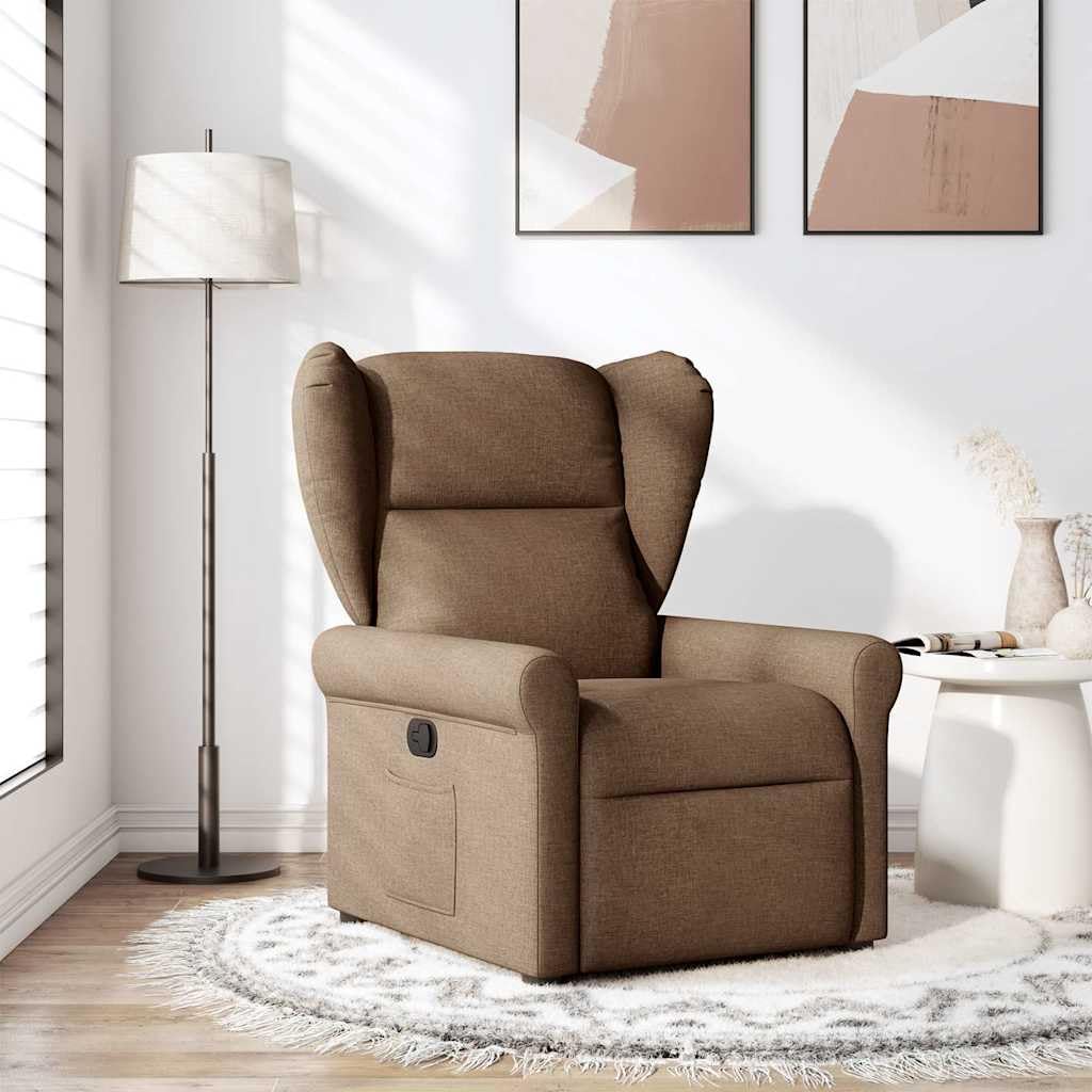 Fotel relaksacyjny, brązowy, materiał z regulowanym oparciem i podnóżkiem, ergonomiczny fotel tapicerowany z drewnianą metalową ramą, do salonu, biura, relaksu, czytania, oglądania telewizji