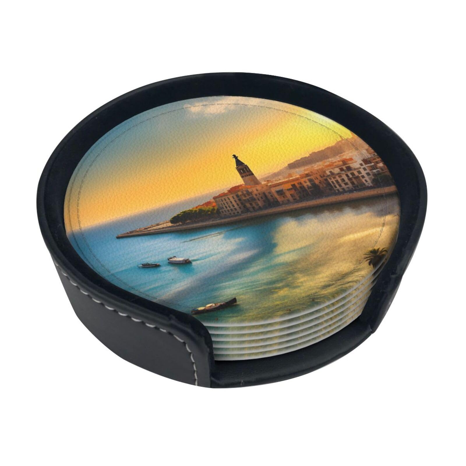 6-Piece Sunset in Barcelona Printed Round Coaster Set - Scalding and Scratch-Resistant, Suitable for Coffee Tables and Dining Tables