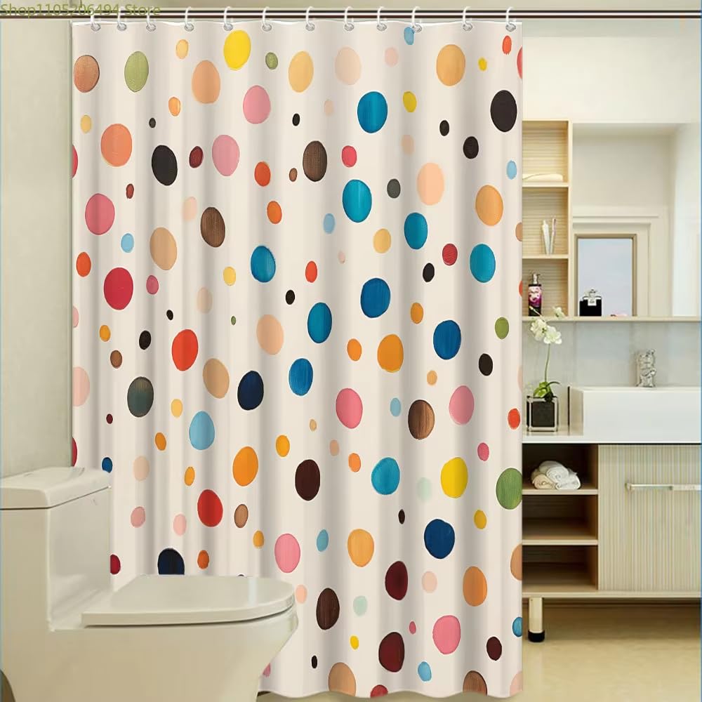 KELAIMI Colorful Watercolor Polka Dot Shower Curtain,Retro Multicolor Dot Geometric Bathroom Curtain with Hooks,Waterproof Quick-Dry Polyester Fabric Bathtub Curtains Beige 180X180Cm