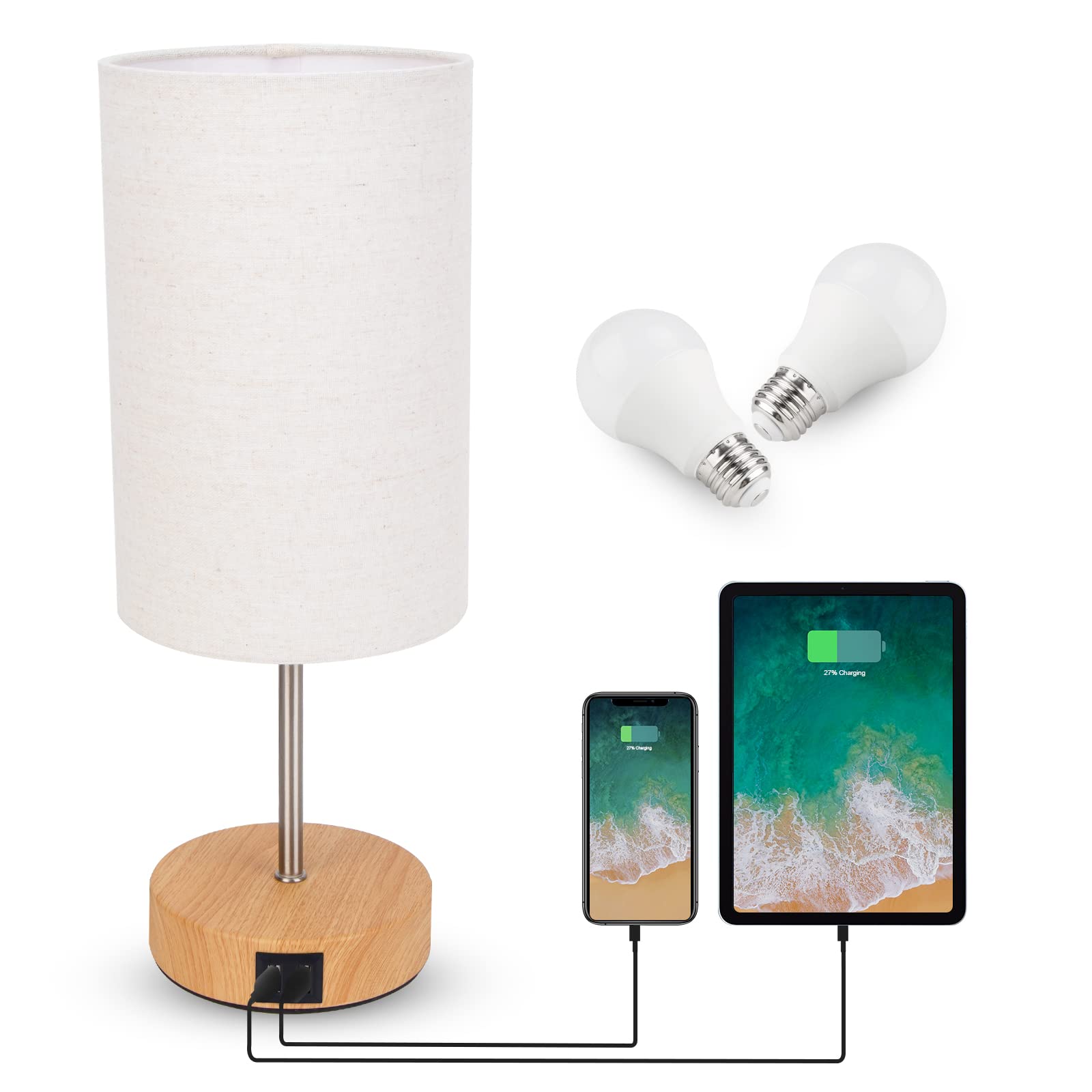 AKASUKI Small Table Lamps for Bedrooms Set of 2, Modern Nightstand Lamp with USB Port and Outlet, 3-Way Dimmable, Touch Control Bedside Lamp for Desk, Home Office, Living Room (LED Bulbs Included)