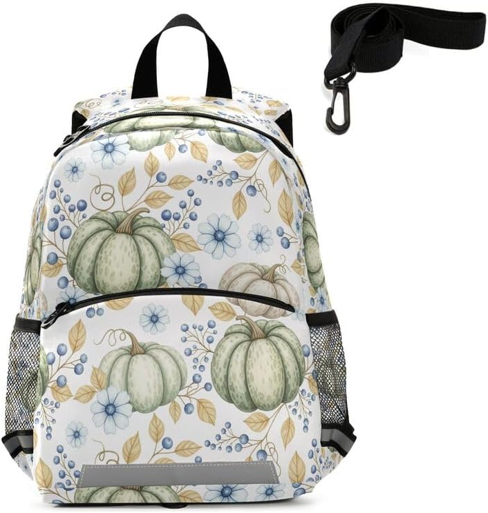 QUGRL Fall Pumpkin Floral Berries Toddler Backpack for Boys Girls Autumn Kids School Backpack with Chest Strap Leash Preschool Schoolbag Nursery Kindergarten Bag for Daycare Travel Hiking School