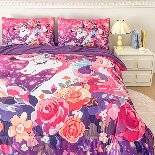 Image of Peopleareok Unicorn Comforter Set Queen for Girls, 5-Piece Bed in a Bag Cute Pink Purple Unicorn Print Bedding Set Queen, Kids Cartoon Kawaii Comforter with Sheet Set