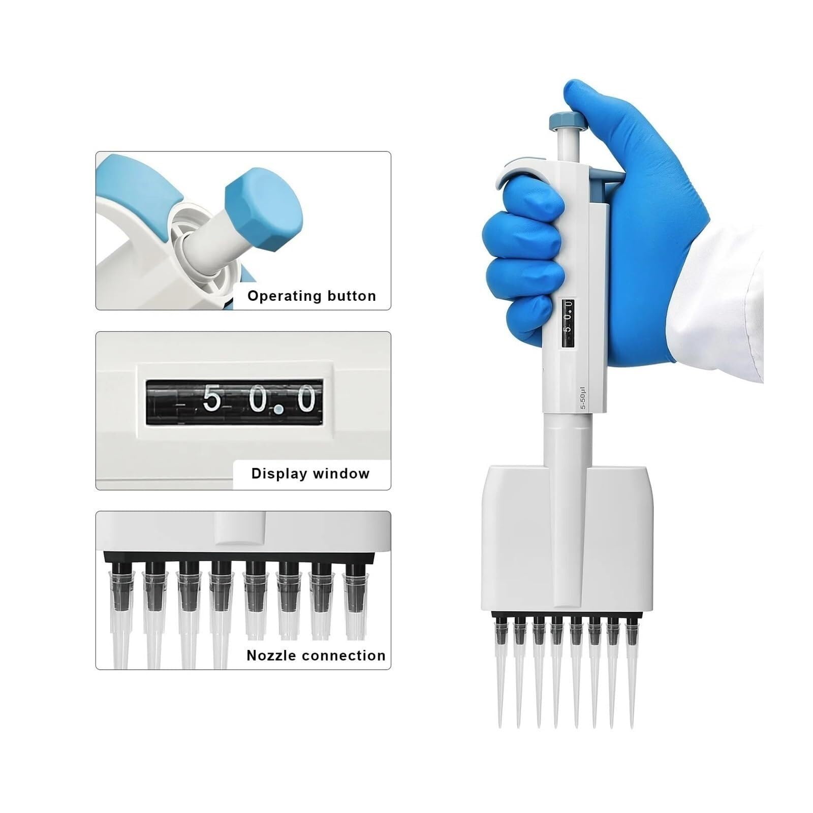 Pipeta Pistola De Pipeta Multicanal Volumen Ajustable 8 Canales Equipo Laboratorio Mecánico para laboratorio(0.5-10ul)