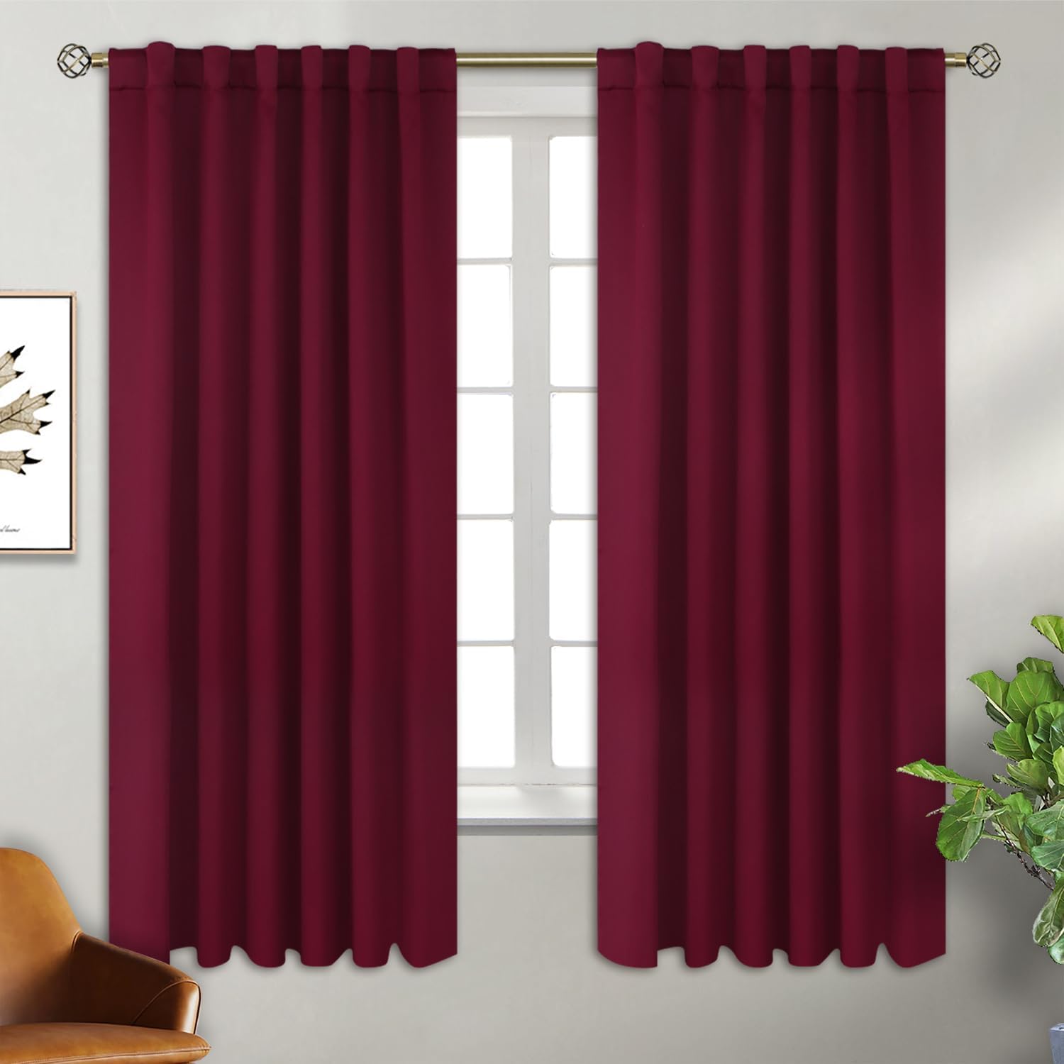 BGment Rod Pocket and Back Tab Blackout Curtains for Bedroom - Christmas Thermal Insulated Room Darkening Curtains for Living Room, 2 Window Curtain Panels (52 x 63 Inch, Burgundy Red)