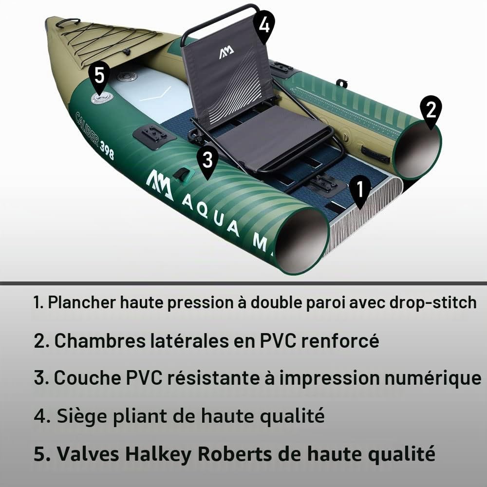 Aqua Marina Caliber 398 Kayak de pêche/pêche Drop Stitch Fusion Kayak pour 1/2 Personnes, 398 cm, Vert