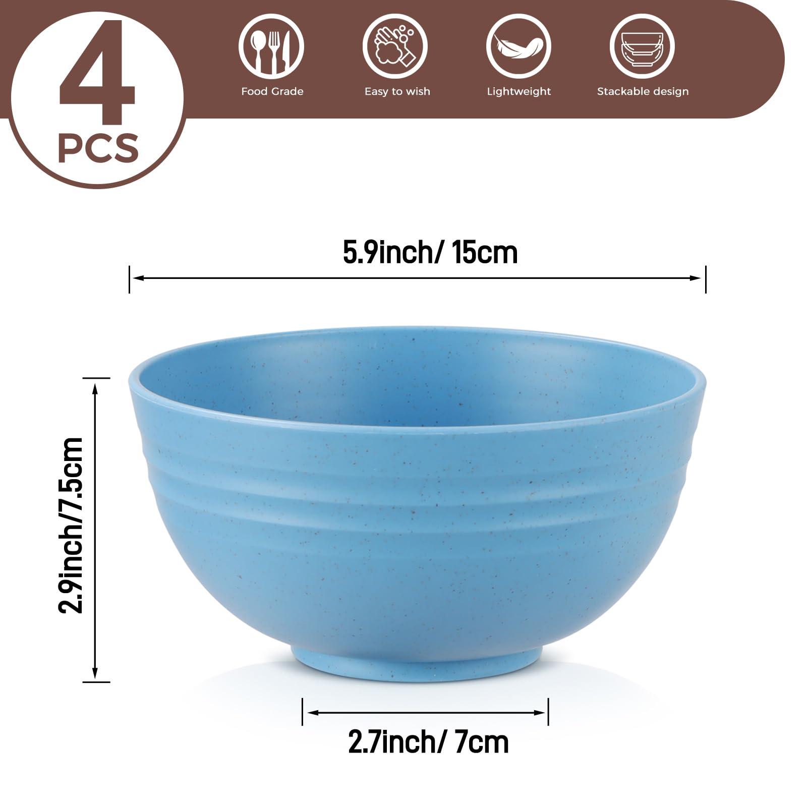 Osrioal Set of 4 Unbreakable Cereal Bowls, Lightweight Plastic Bowls, Reusable Camping Bowl for Breakfast Rice, Noodle, Salad - Image 2