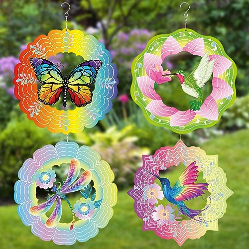 Maitys 4 Pcs Stainless Steel Wind Spinners Butterfly Dragonfly Hummingbird Gifts for Women 12 Inch 3D Iron Wind Spinners Hanging for Yard Indoor...