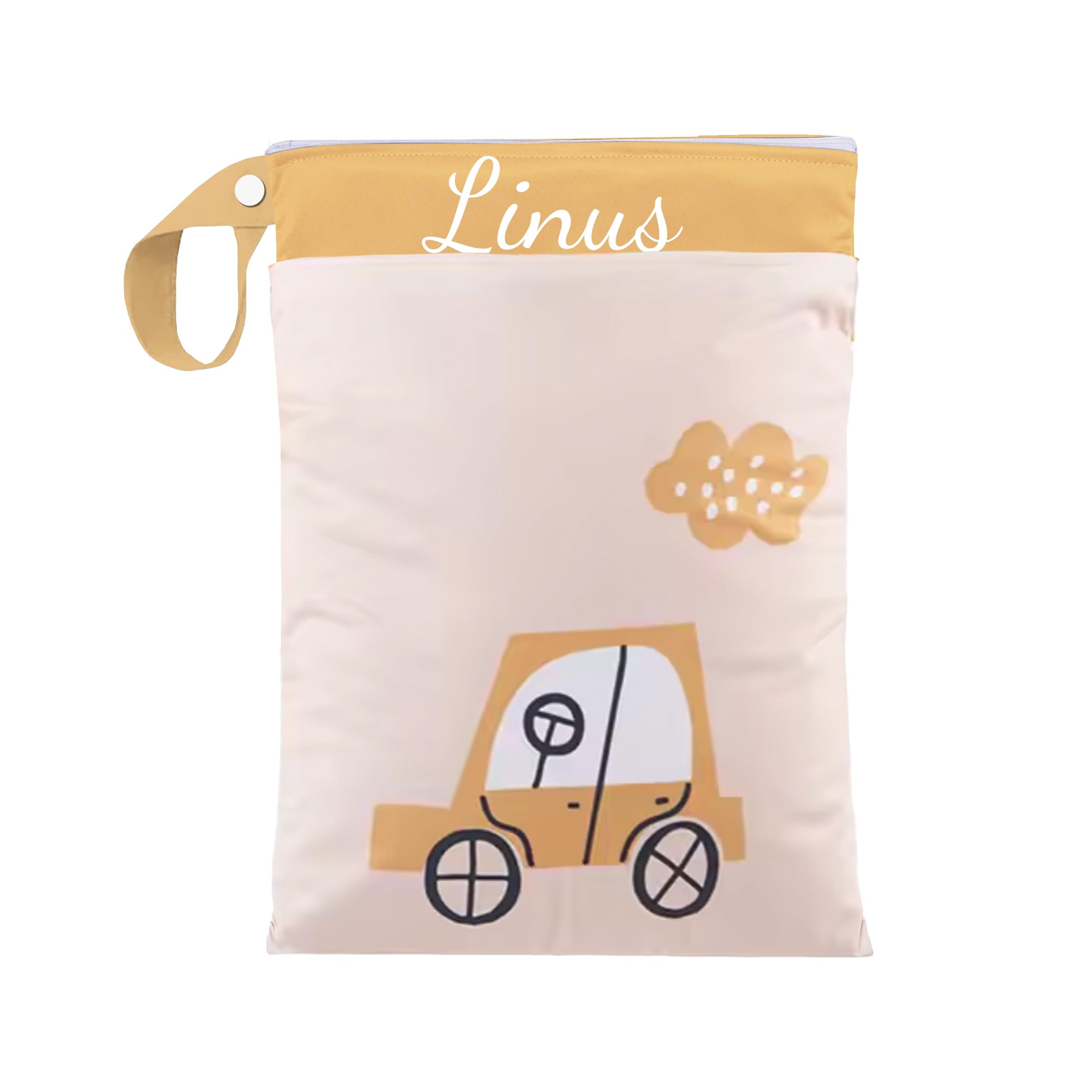 ARTEE Nasstasche für Kita-Wechselwäsche, Wasserdicht, Waschbar, mit Reißverschluss, Personalisierbar, mit Name, für Kindergarten, Strand, Sport (Yellow Car)