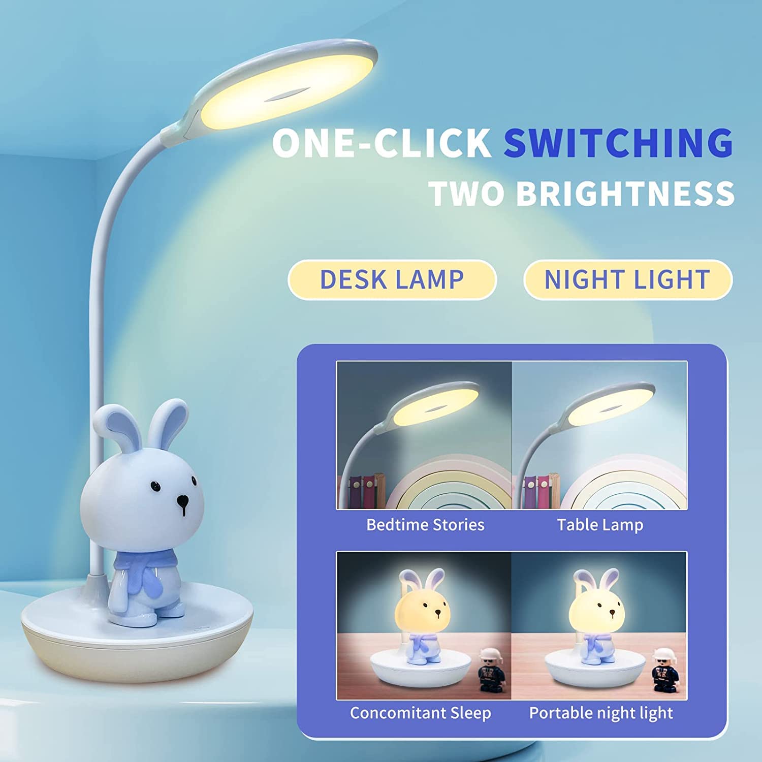 Lampe Bureau Enfant FemKey - Lapin Kawaii - 3 Modes Lumière, Rechargeable - Rose