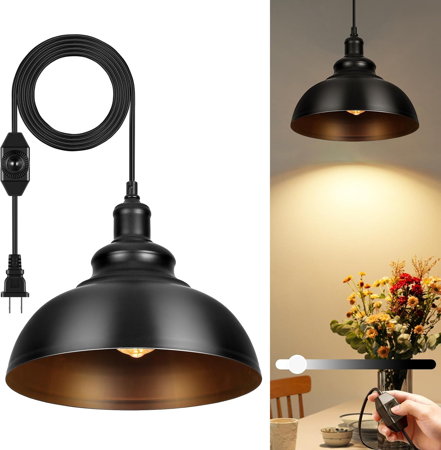 Lightess Black Pendant Lights Dimmable with Plug in Cord and ON/Off Dimmer Switch, Industrial Hanging Kitchen Island Light Fixture, LG9925343