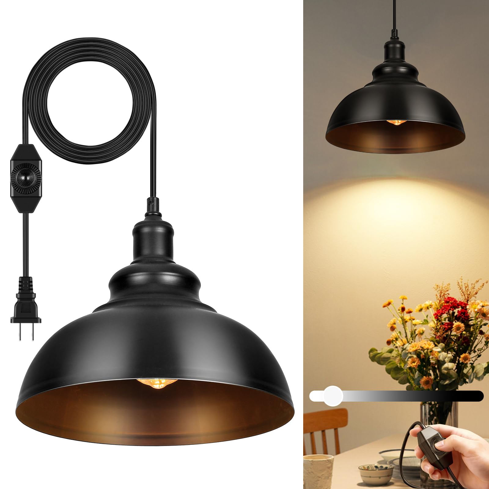 Lightess Black Pendant Lights Dimmable with Plug in Cord and ON