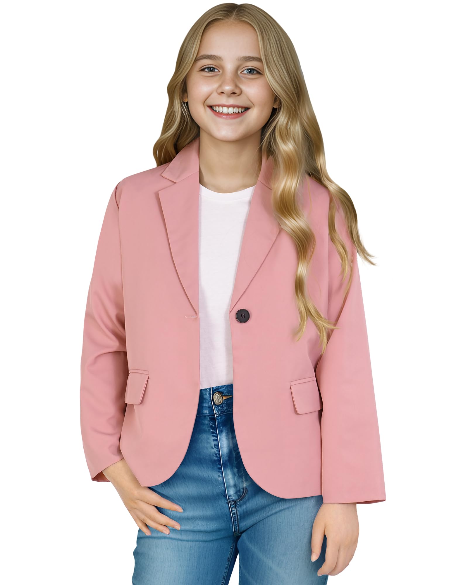 KEREDA Girls Casual Blazers Long Sleeve Open Front Button Lightweight Jackets Clothes with Pockets