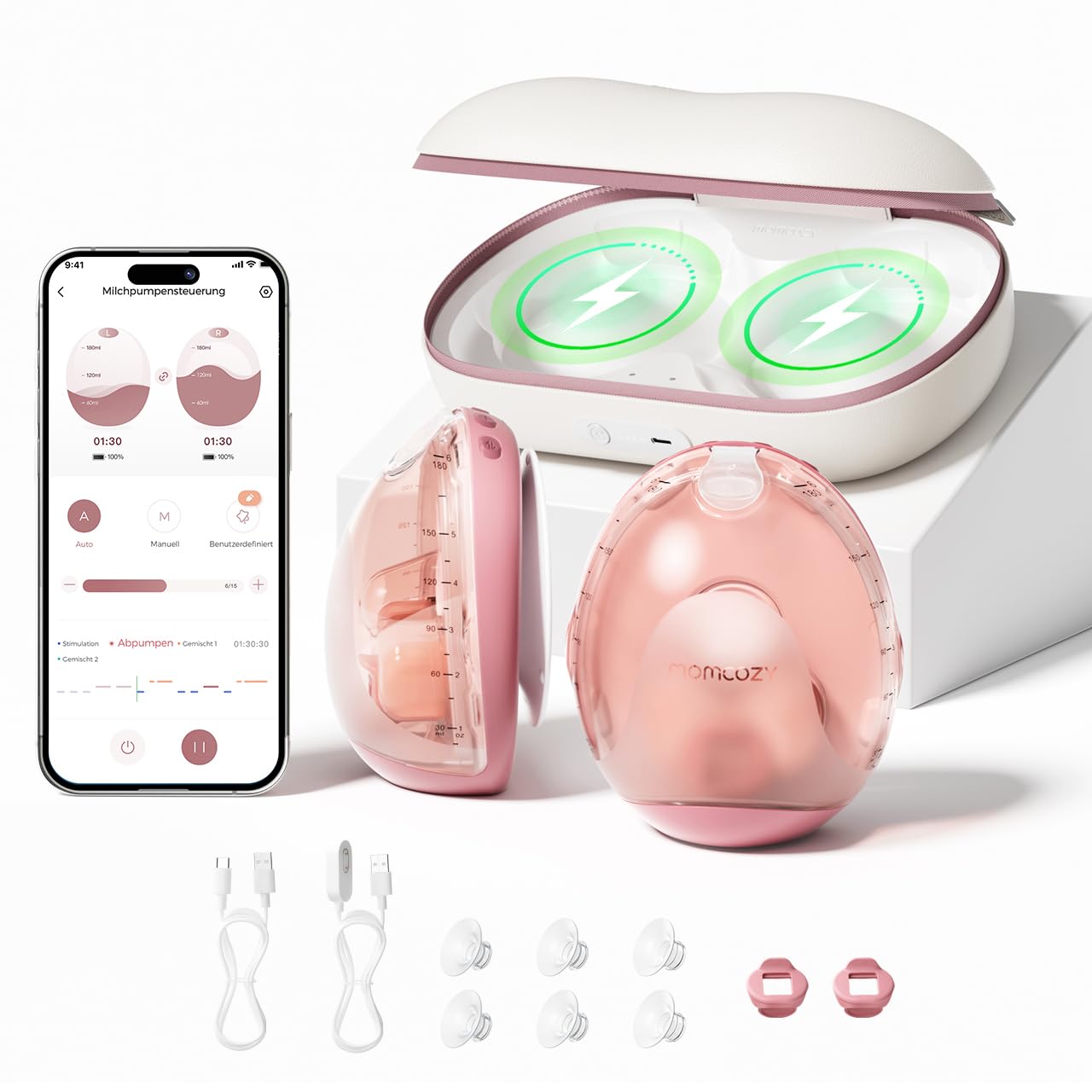 Momcozy Air 1 Ultra-Slim Milchpumpe Elektrisch, 180 ml tragbare Milchpumpe Handsfree mit kabellosem Ladeetui & App-Steuerung Brustpumpen Automatikmodus & Vollmilch-Alarm