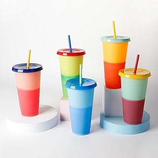 BARMI 5 Pack Reusable Cups With Lids and Straw - 24oz Tumblers With Lids and Straws Color Changing Cups With Lids and Straws Straw Cups Mix Color