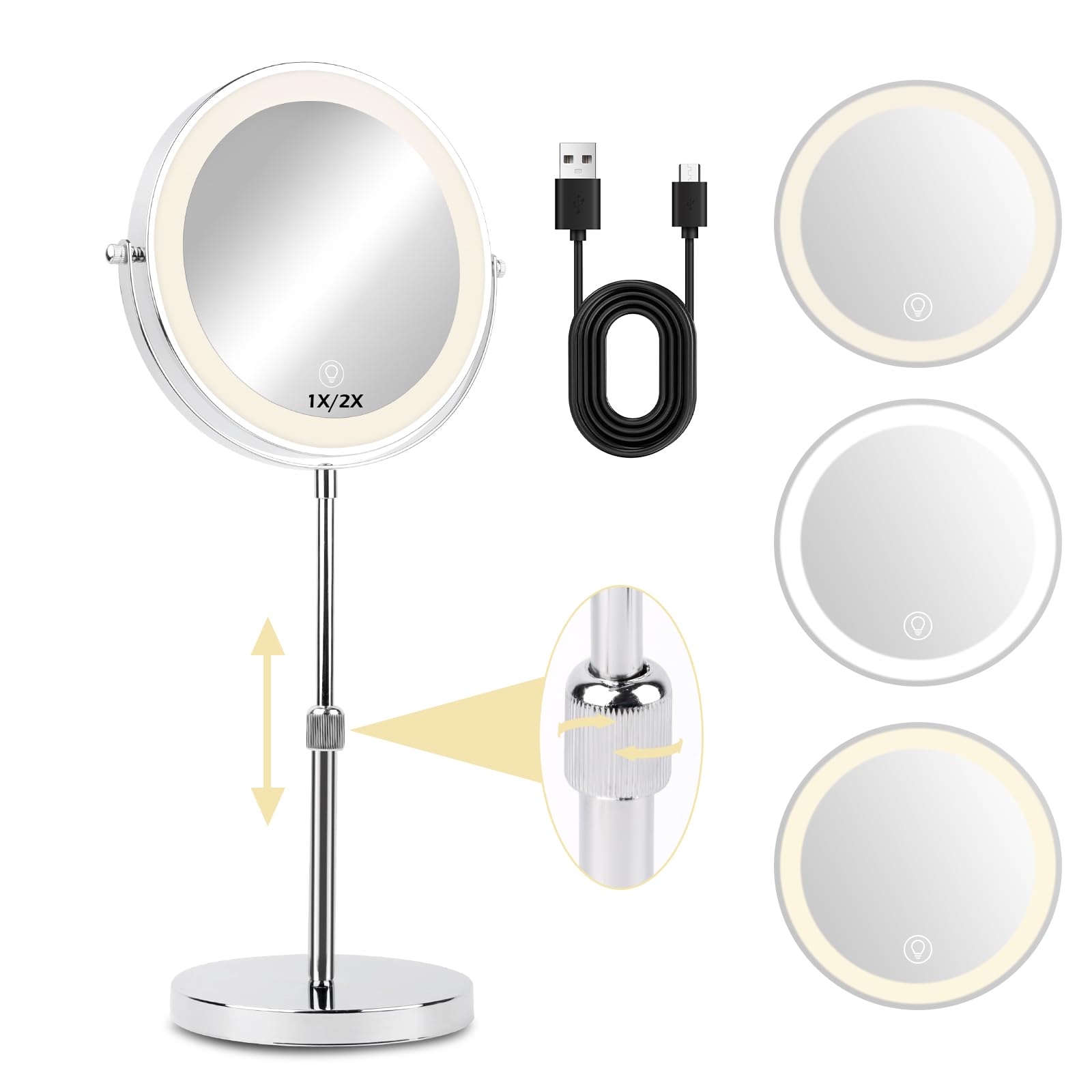 NVIYAM Espejo Maquillaje, 1X/10X Espejo Maquillaje Aumento, Espejo de Mesa Rotación de 360°, Altura Ajustable Espejo de Cosmético, Doble Cara Espejo con Luz