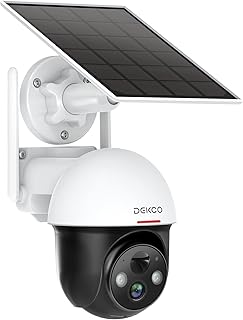 DEKCO Solar Security Camera Wireless Outdoor, Battery Powered 2.4G WiFi 360° View Pan Tilt Strobe Light/ Spotlight Home System with Motion Detection and Siren, Two-Way Audio, IP65, Color Night Vision