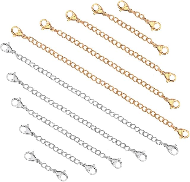 10 Pcs Necklace Extender Chain Bracelet Extension Chain Stainless Steel Jewelry Extender Anklet Extension With Lobster Clip Clasp in Gold Silver Color for DIY Jewelry Making Repair 5 Assorted Size