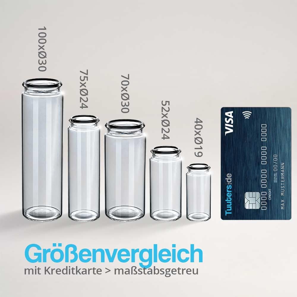 Tuuters 100x Tablettengläser mit Schnappdeckel, Rollrandflaschen aus Laborglas für Tabletten (75 x Ø24mm)