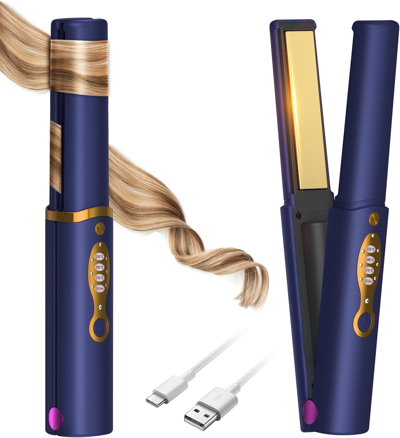 OBEST Cordless Hair Straighteners 2 in 1, Mini Portable Travel Curler Straightener for Women, Fast Heat Up, Anti-Scald 3-Level Rechargeable Flat Iron for Glossy Hair