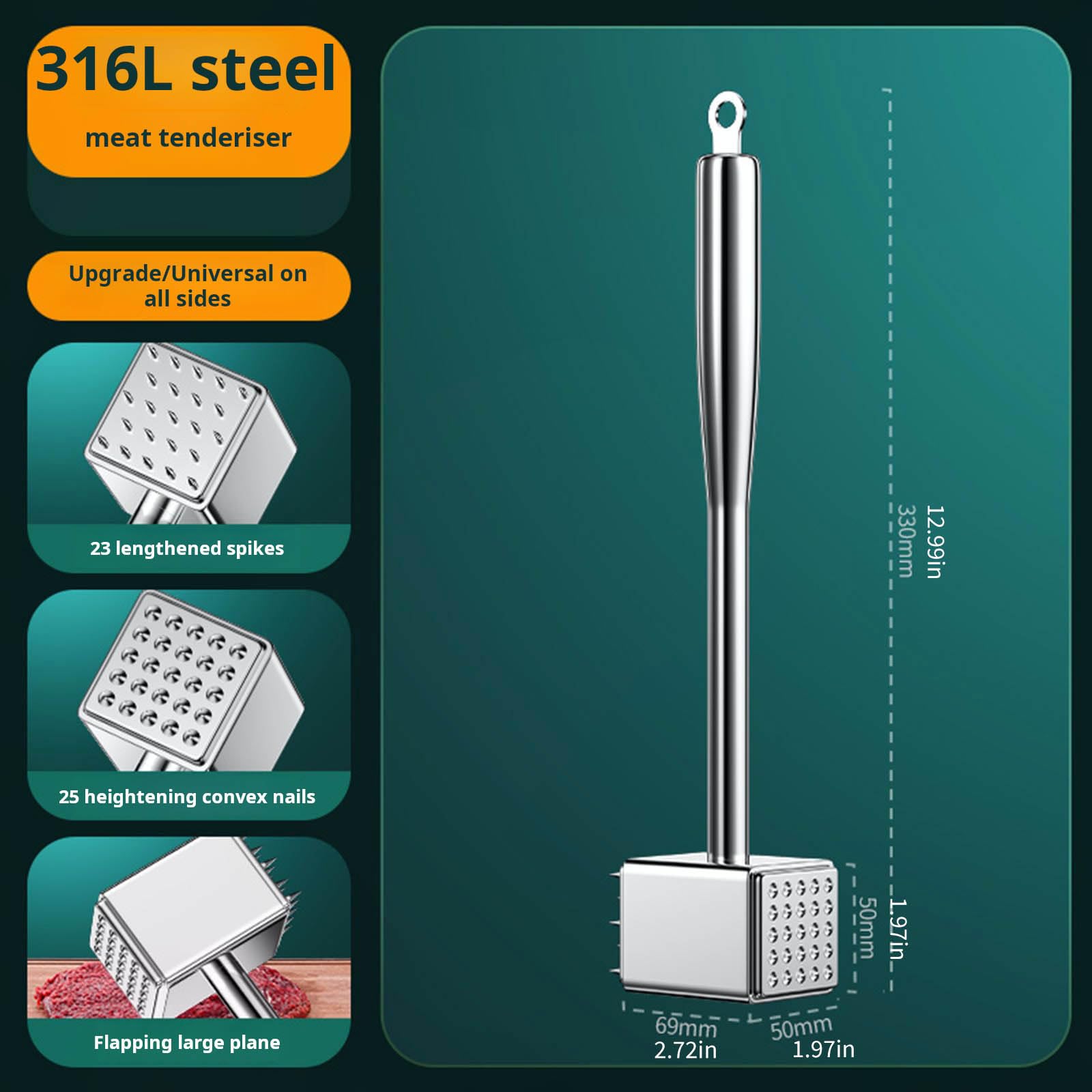 Generisch Fleischklopfer aus Edelstahl 316, perfekt Zartmachen von Steak, Hähnchen, ergonomischer, Kochausrüstung, Fleischklopfer in Restaurantqualität