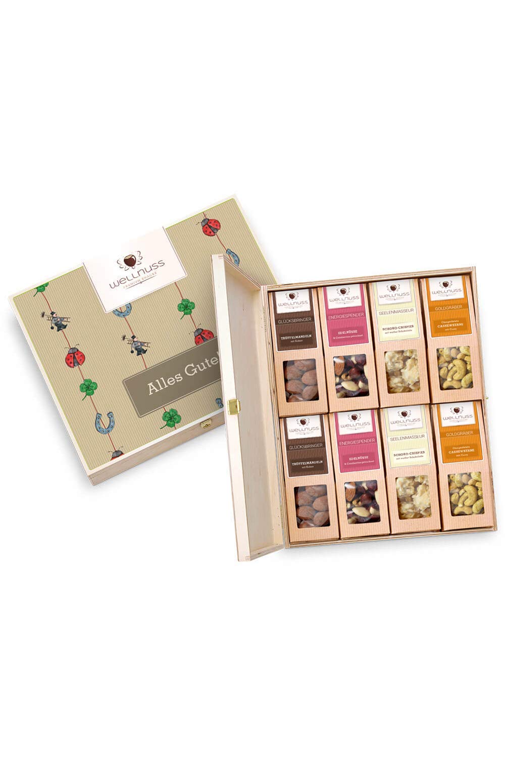WELLNUSS Gourmet Geburtstagsgeschenk Feinkost Geschenkset Birkenholzbox 8 Nussmischungen Schokoladen-Snacks