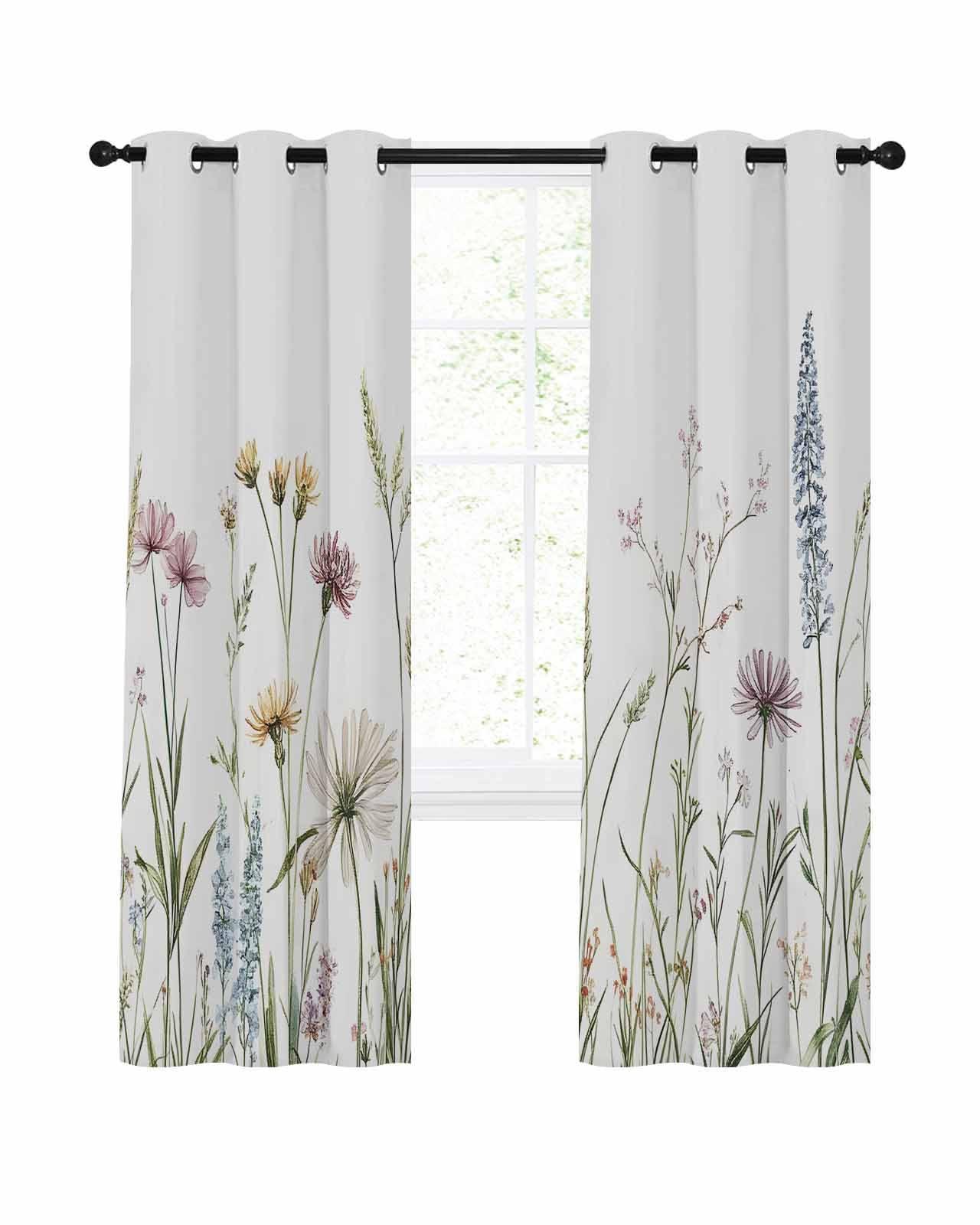 Pinroote Spring Botanical Floral Blackout Curtain 54 Inch Length 2 Panels Set, Farmhouse Summer Flowers Two-Layer Sewing Polyester Fiber and White