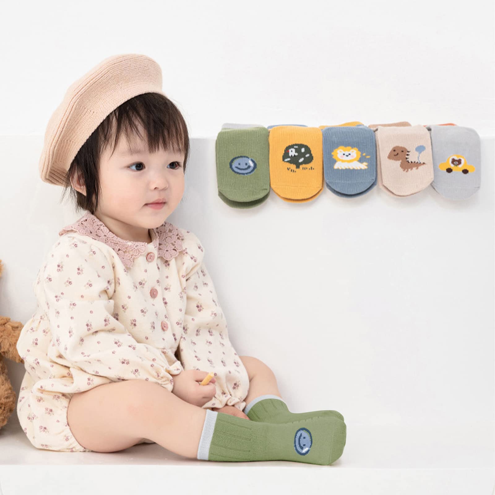 ZYUPHY Calzini Antiscivolo Bambino 5 paia Cotone Calzini Antiscivolo Bambina Ragazze Ragazzi Animali Cartoni Animati Calzini Neonato per 0-5 Anni Bambino