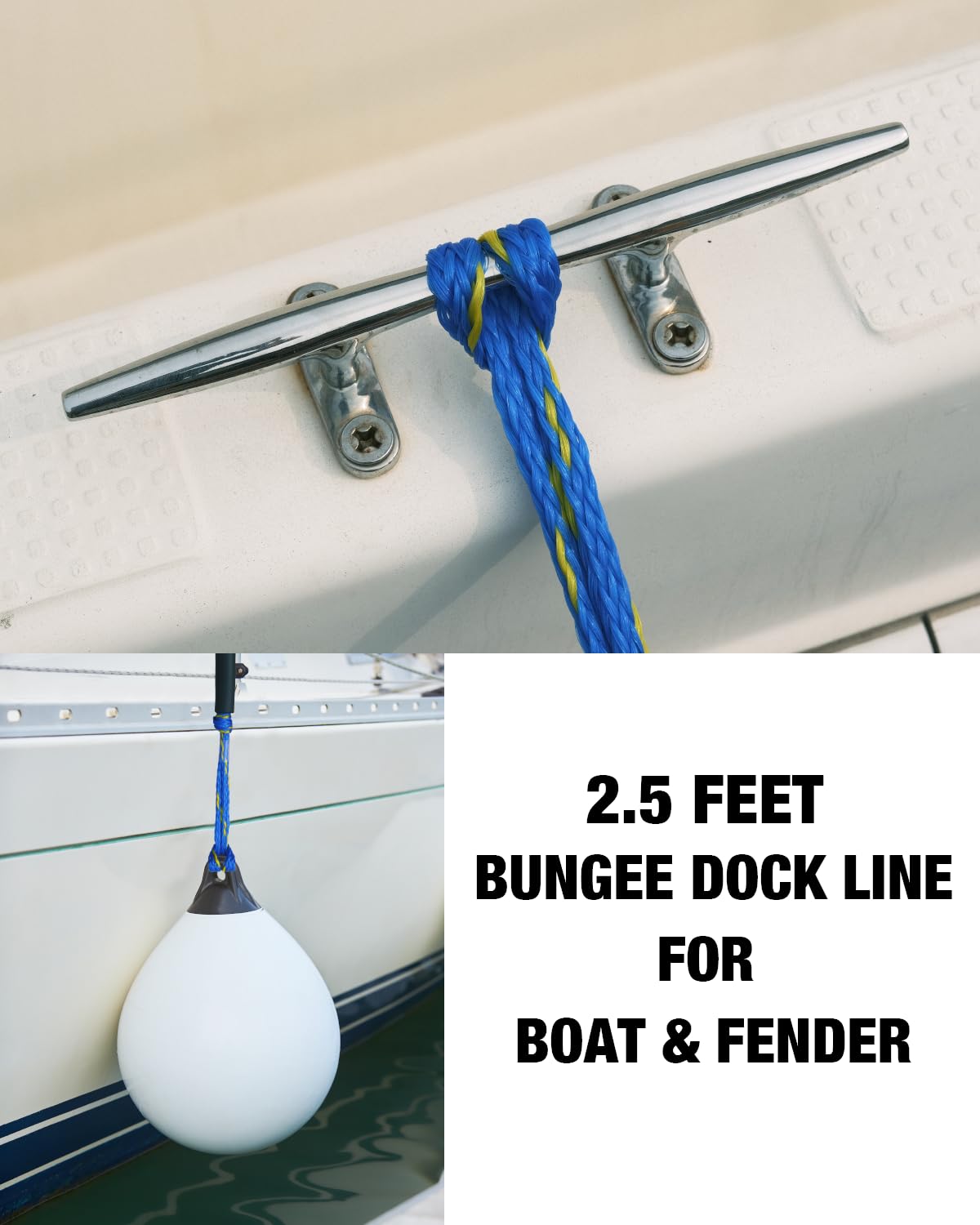 2 x Dockleine, 60 cm, Premium-Bungee-Bootsleinen mit 316er-Edelstahl-Clip (blau + gelb, 7,6 m)