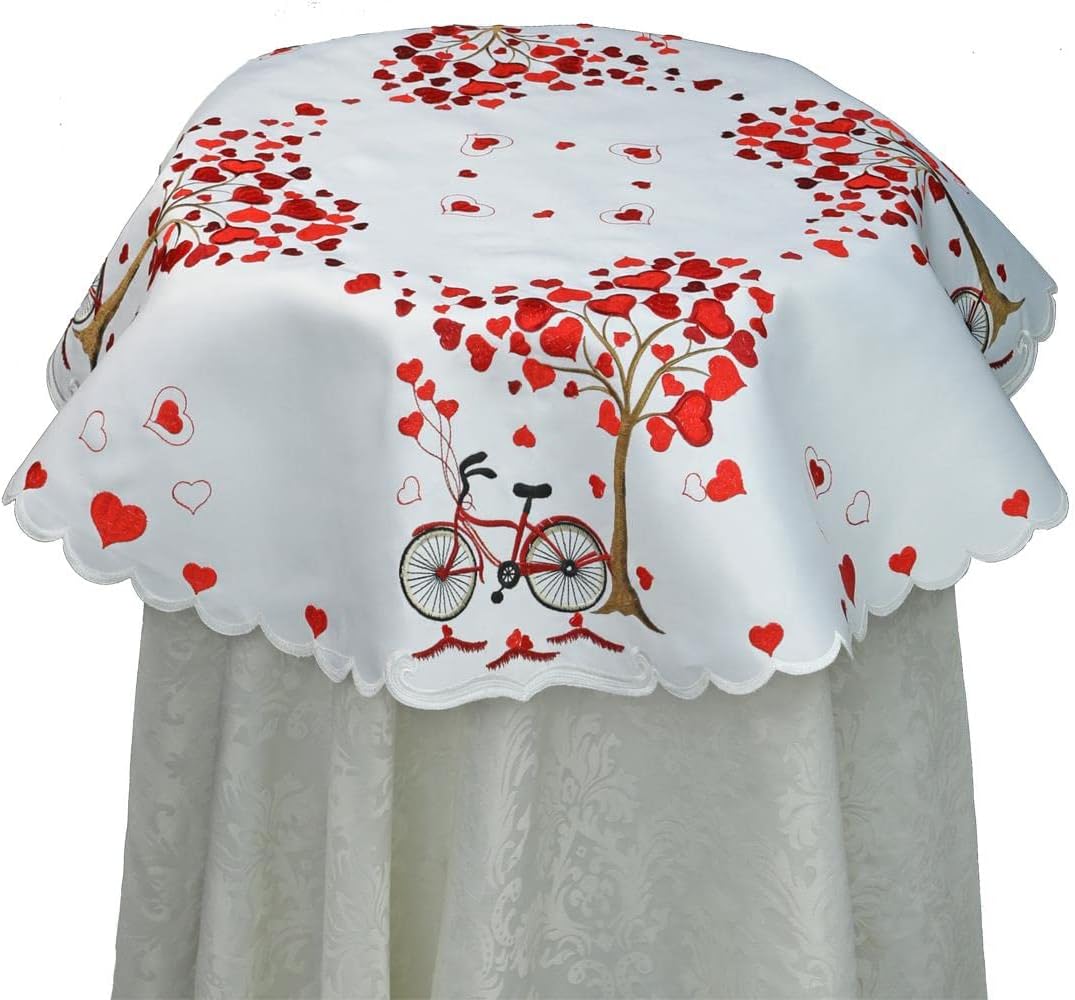 Creative Linens Embroidered Red Hearts Table Runners, Tablecloths for Valentine's Day, Mother's Day, Wedding, Anniversary Decoration (33" Round Table Topper)
