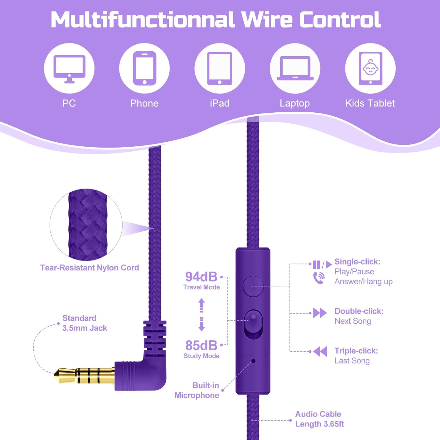 QearFun Kids Cat Ear Headphones Wired with Mic, 85/94dB Safe Volume Limit, Sparkly Wired Headset, Foldable, Sharing Port & Tangle-Free Cord for School, Chromebook, Tablet, Travel, Boys & Girls - Image 5