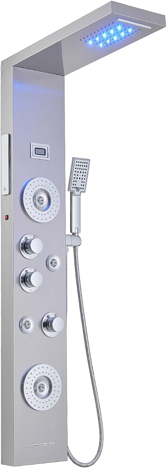 6 in 1 Shower Panel Tower System, Rainfall Shower Tower Systems w/LED and Digital Display Stainless Steel Shower Panels with Waterfall Tub Spout Massage Jets Handheld Head Nickel and Chrome