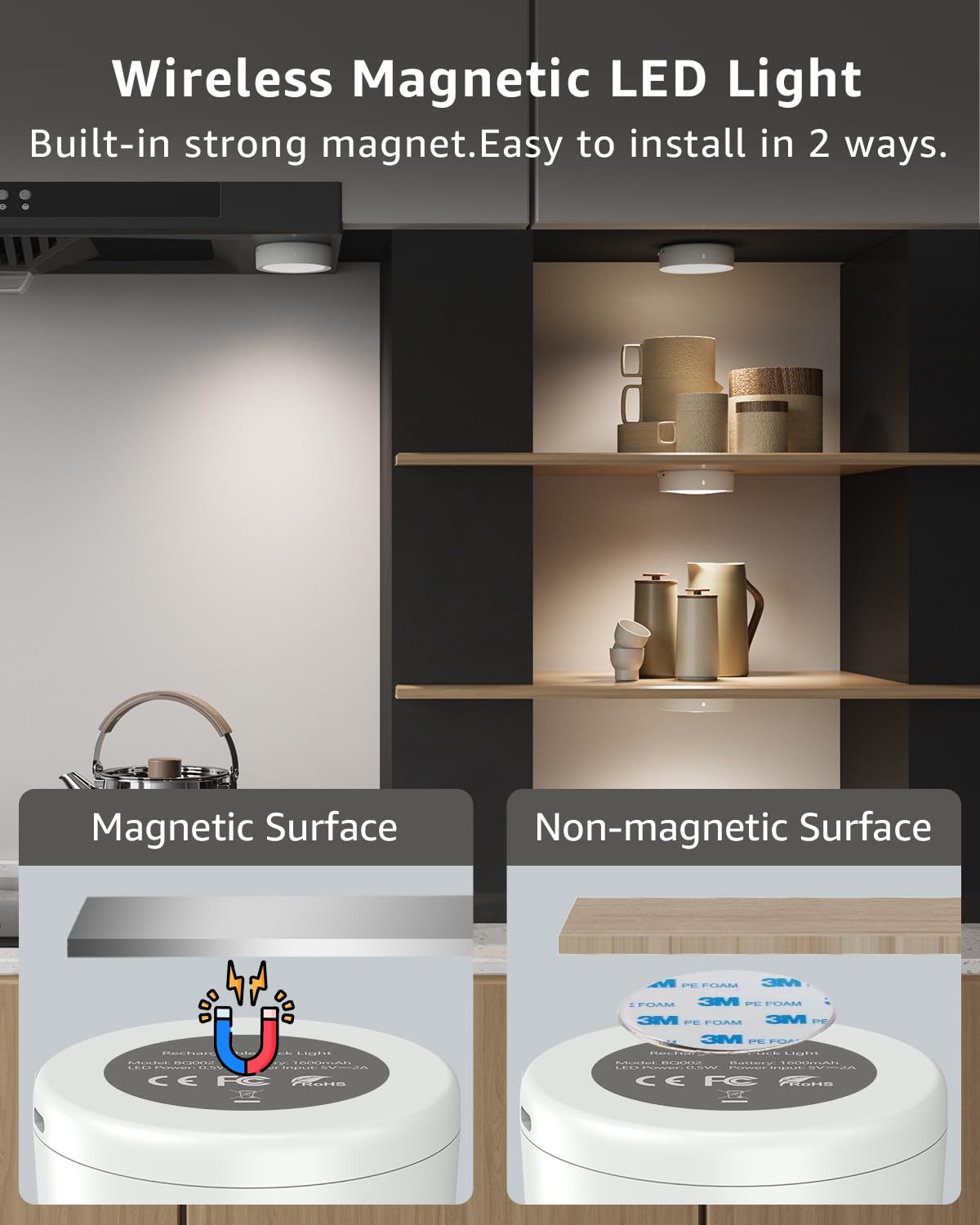 Luce LED Armadio Ricaricabile USB con Telecomando, 2400mAh Luce Vetrina Senza Fili Faretti LED Adesivi Lampada Sottopensile Cucina Batteria Luci Notturna per Interno Scale Guardaroba Sotto Mensola