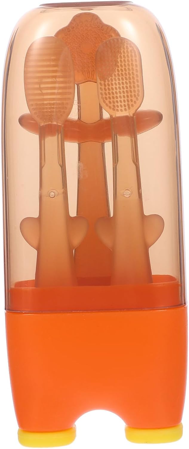 Toothbrush and Tongue Cleaner 3pcs, Food-Grade Silicone, Soft Bristles, Newborn Oral Care for Gum and Tongue Cleaning, Warm Orange