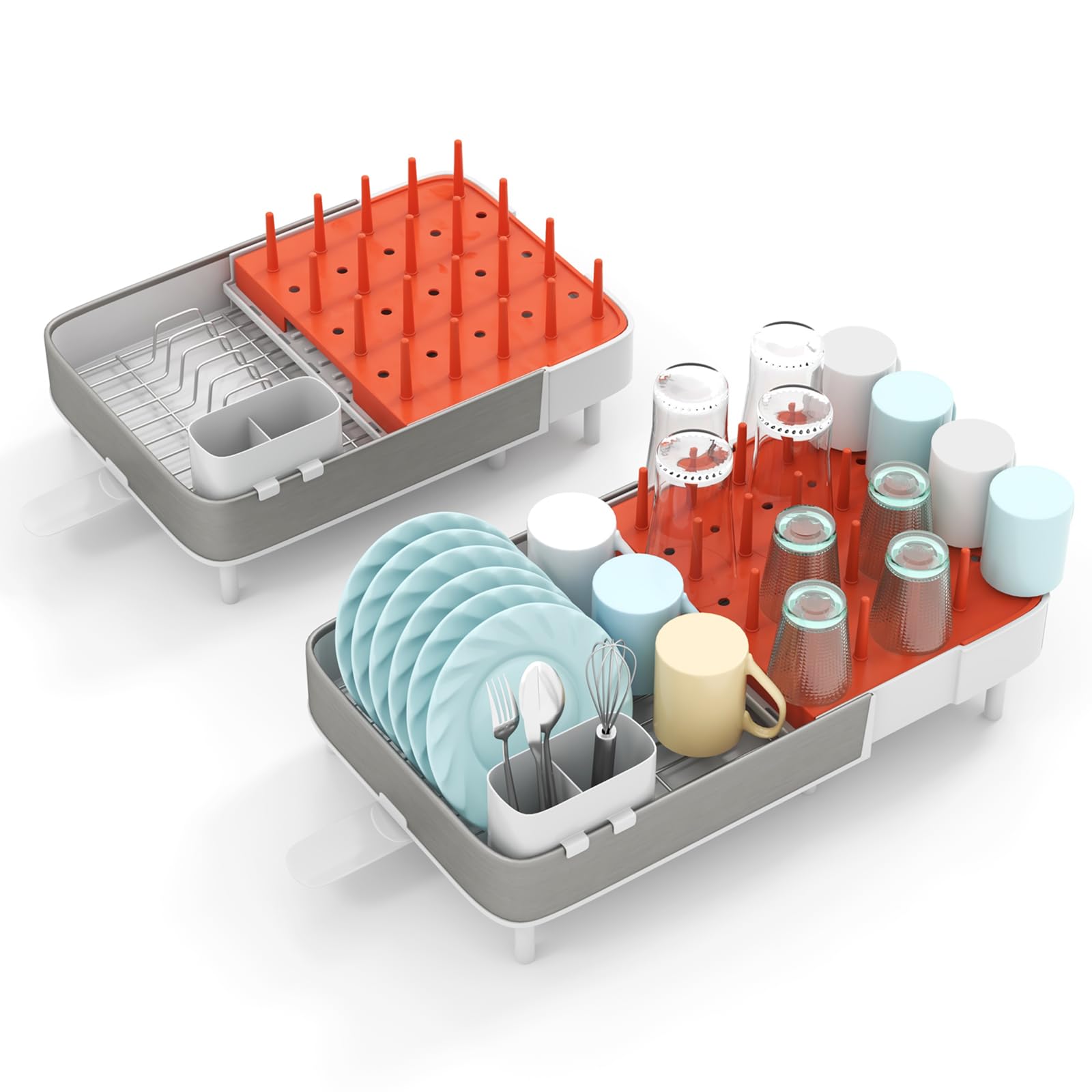 Giantex Expandable Dish Drying Rack - Adjustable Dual-Part Dish Drainer with Detachable Utensil Holder, Stainless Steel Racks & Vertical Bars, Auto-Drain Extendable Dish Strainer for Kitchen Counter