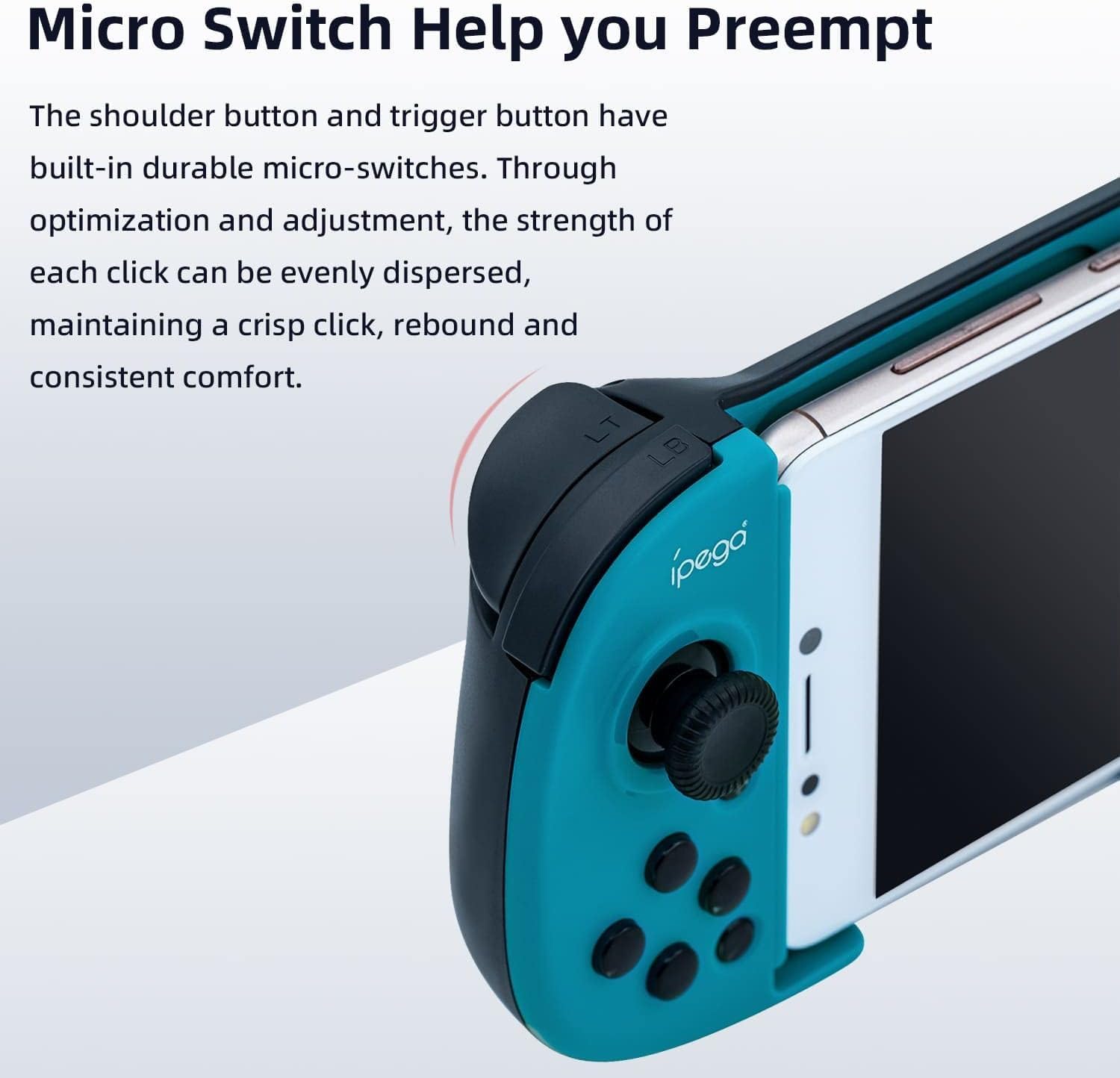 Close-up of the gamepad's shoulder button, highlighting micro switch technology.