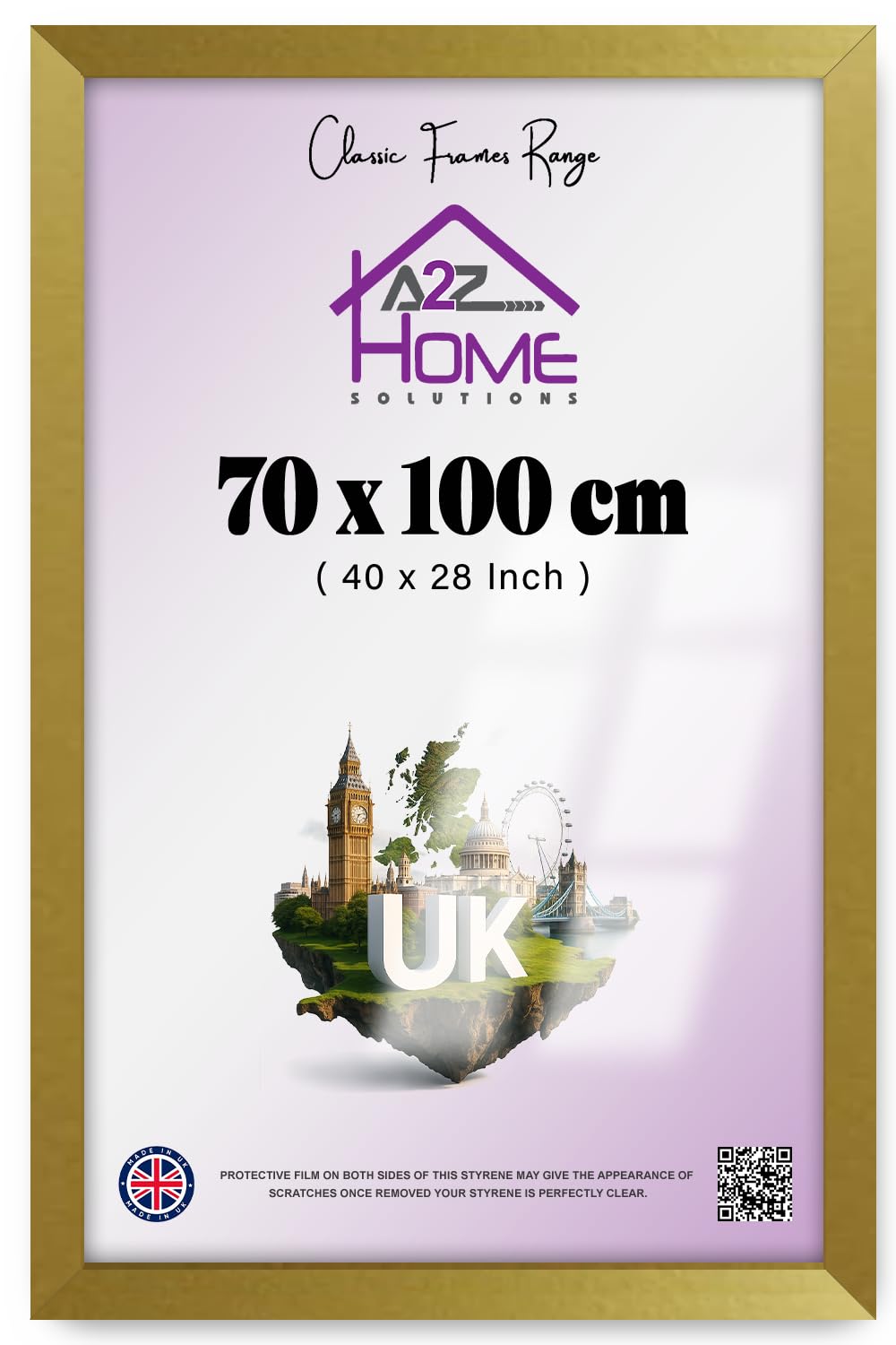 A2Z Home Solutions — Classic Elegant Picture And Poster Frame (70 X 100 CM) | Rectangle Safety Styrene — Engineered Wood Frame 40 X 28 Inch Handmade Gold Finish With Secure Wall Mounting