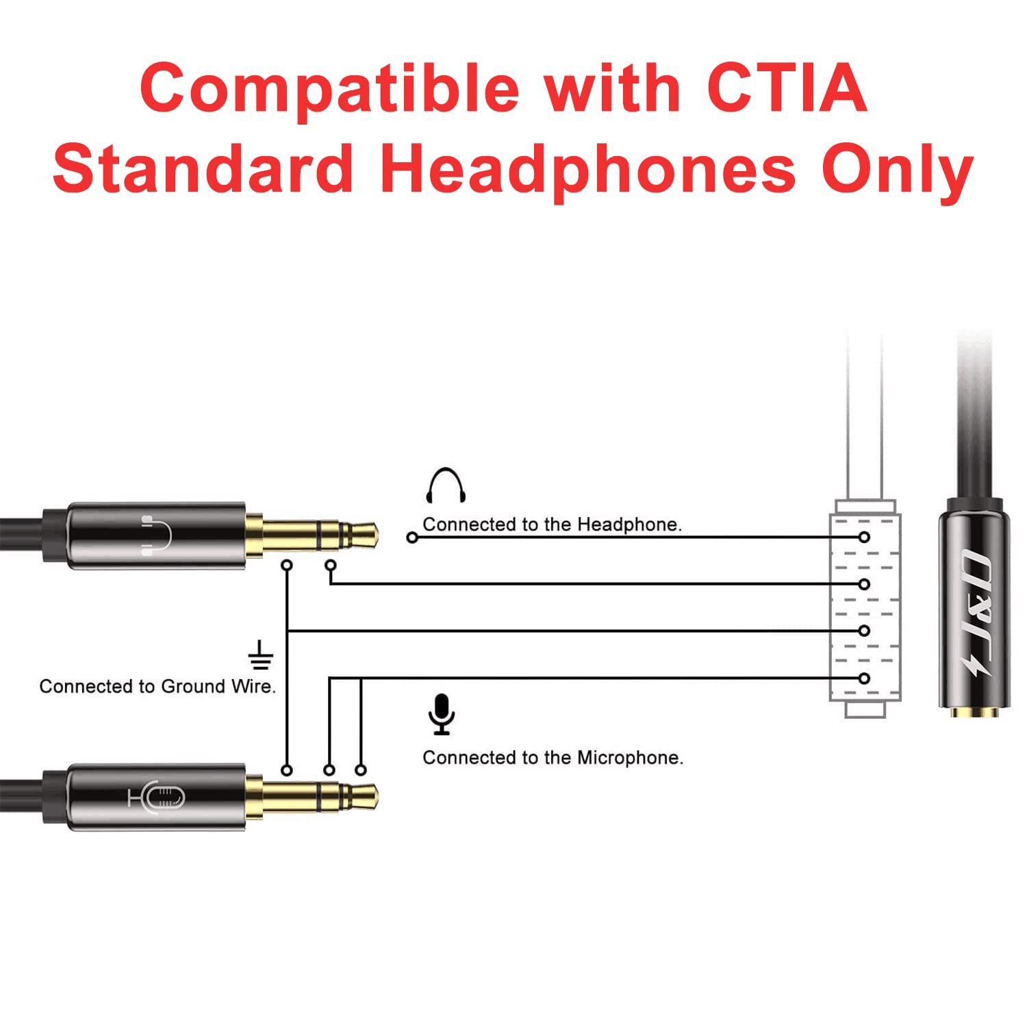 J\u0026D Headset Splitter Cable, Gold Plated 