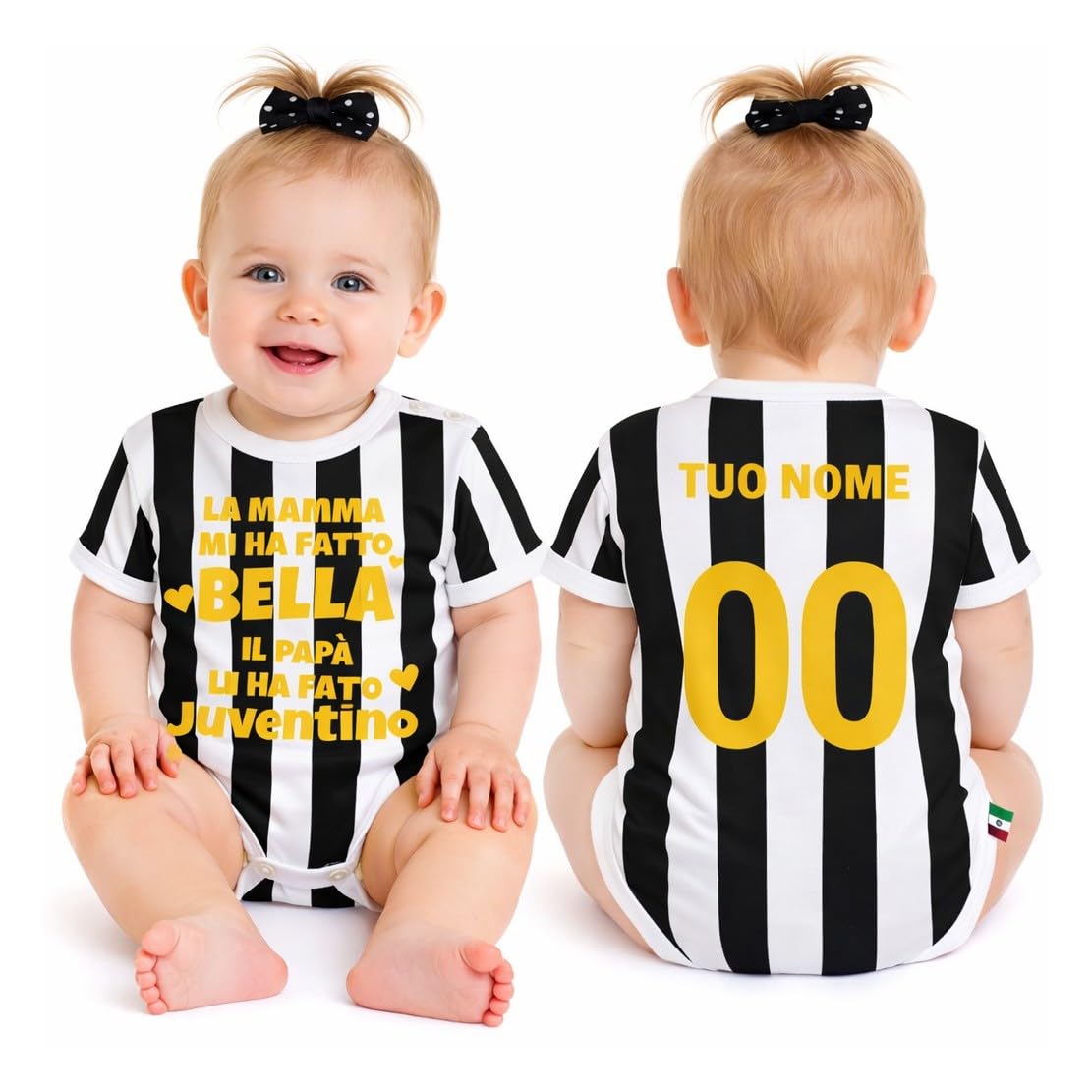 PELUSCIAMO Body Bianco Nero | Mamma Mi Ha Fatto Bello Bella Papa' Mi Ha Fatto Juventino |Calcio Tifosi Bianco Neri Bodi Neonato Calcio 100% Made in Italy PS 32764-010