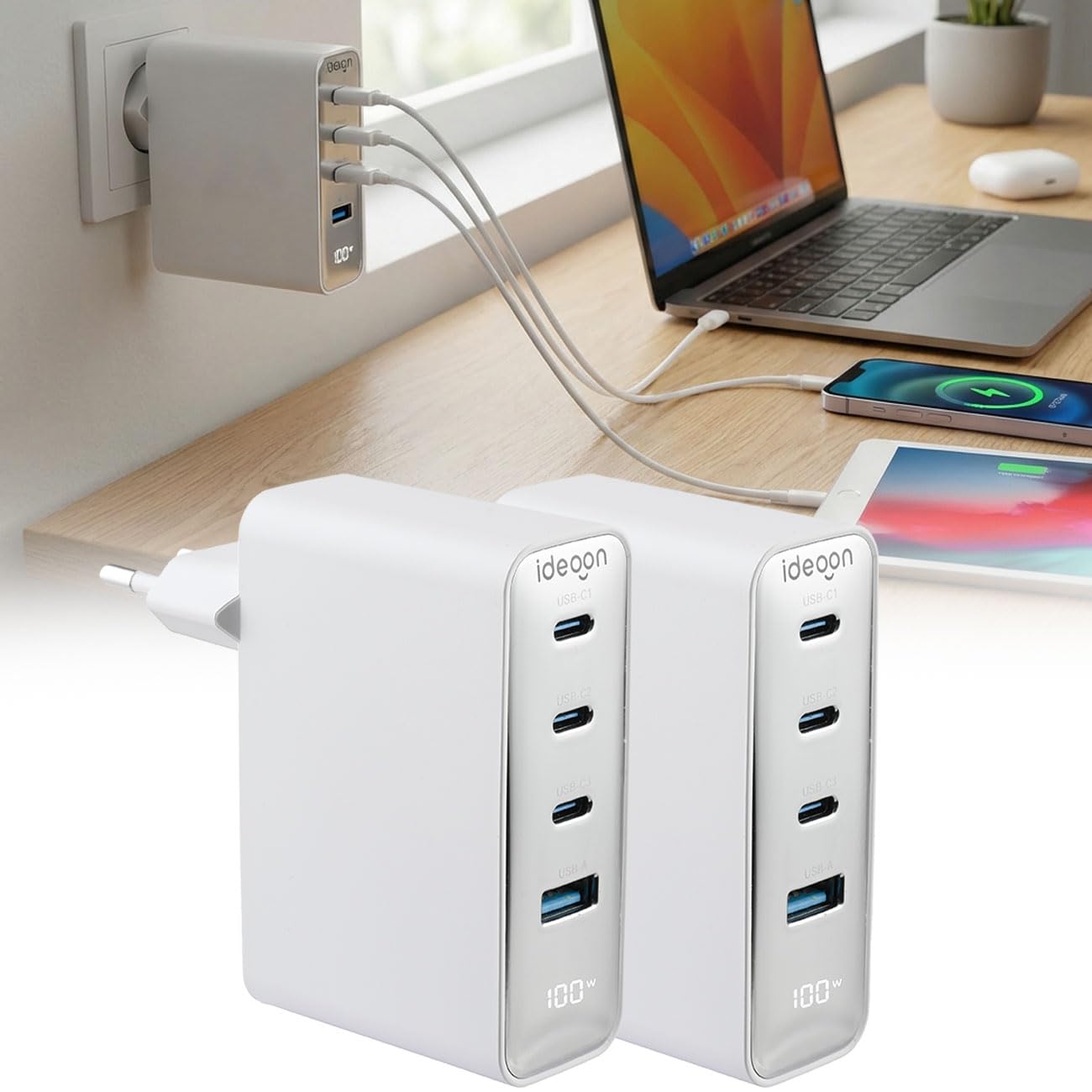 ideoon 2er-Set 100W GaN III USB-Ladegerät mit 4 Ports, 3X USB-C & 1x USB-A, Schnellladegerät mit LED-Display, PD, feuerfestes Gehäuse, für Laptop und Handy