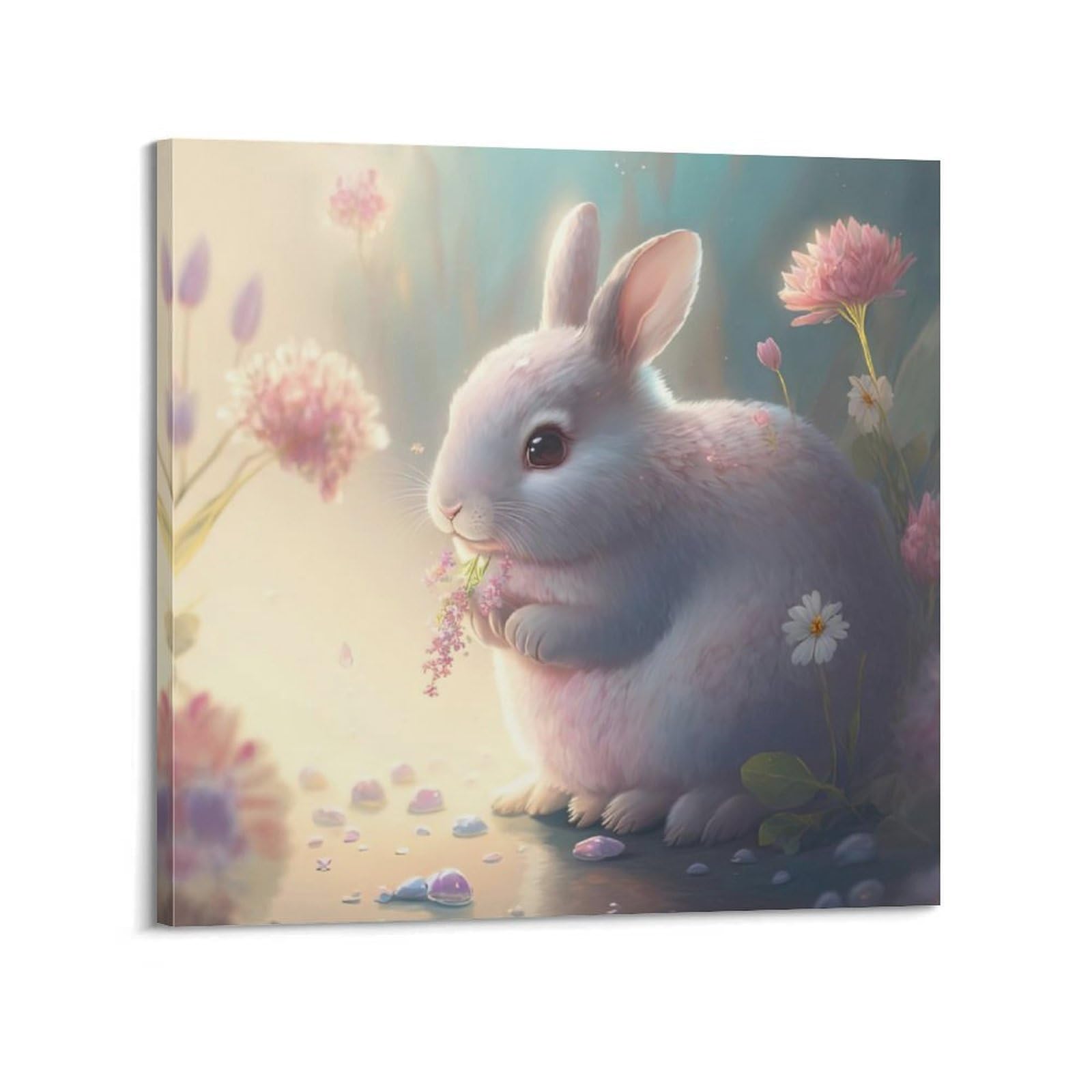WZKTCL Animal Poster Bunny And Flowers Poster Decorative Painting Canvas Wall Posters And Art Picture Print Modern Family Bedroom Decor Posters 12x12inch(30x30cm)
